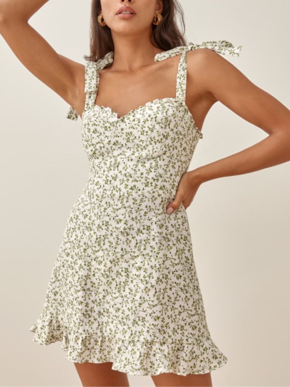 Floral Tie-Shoulder Mini Dress in White and Green